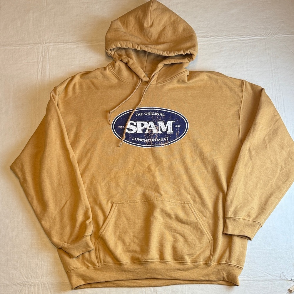 Gildan Heavy Blend Men's Tan Sweatshirt Hoodie Blue SPAM Logo Size XL